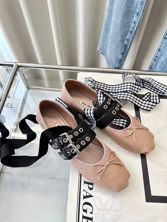 Miu Miu Shoes - Miu Miu nude pink double buckle ballet flats